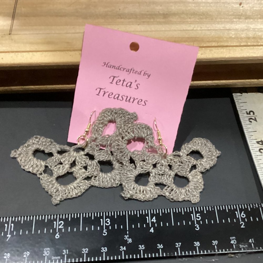 Earrings Tan/Beige Butterfly Crocheted Crochet Hand Crafted